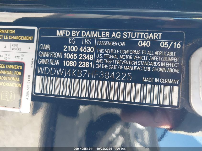 2017 Mercedes-Benz C 300 4Matic VIN: WDDWJ4KB7HF384225 Lot: 40551211