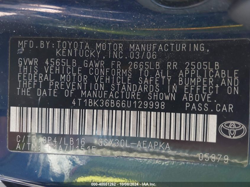 4T1BK36B66U129998 2006 Toyota Avalon Limited