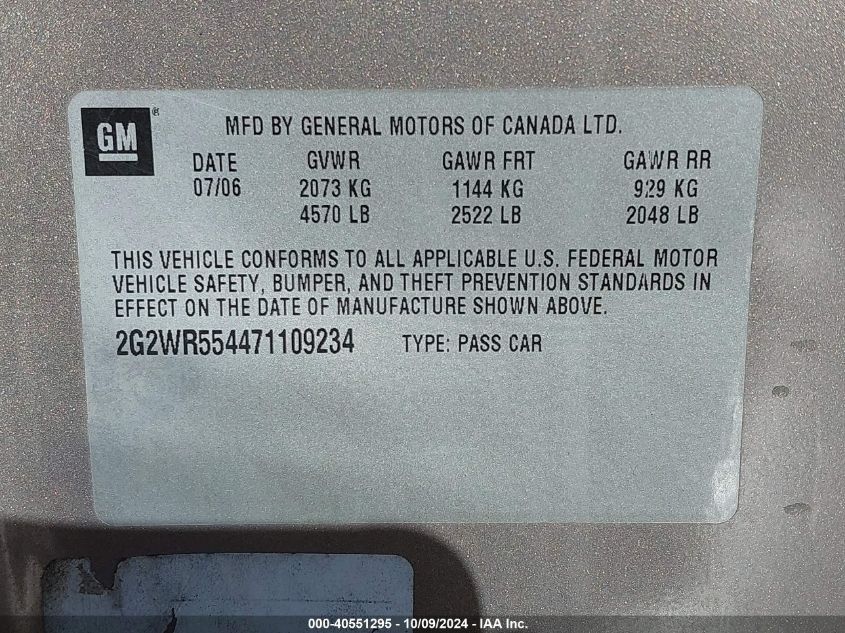 2007 Pontiac Grand Prix Gt VIN: 2G2WR554471109234 Lot: 40551295