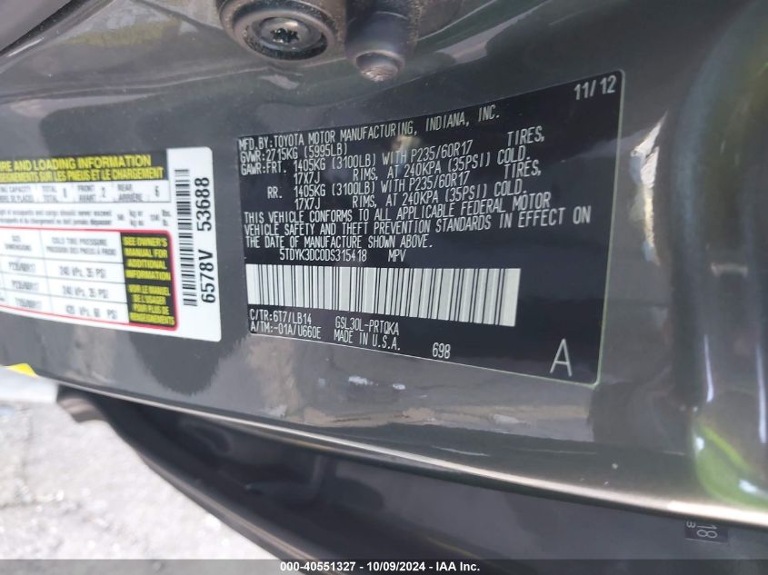 5TDYK3DC0DS315418 2013 Toyota Sienna Xle/Limited