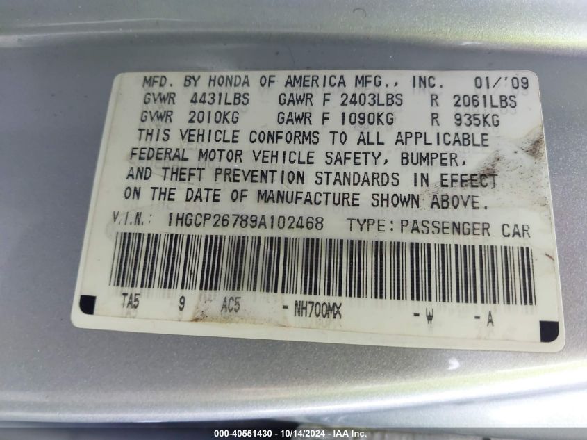 2009 Honda Accord 2.4 Ex VIN: 1HGCP26789A102468 Lot: 40551430