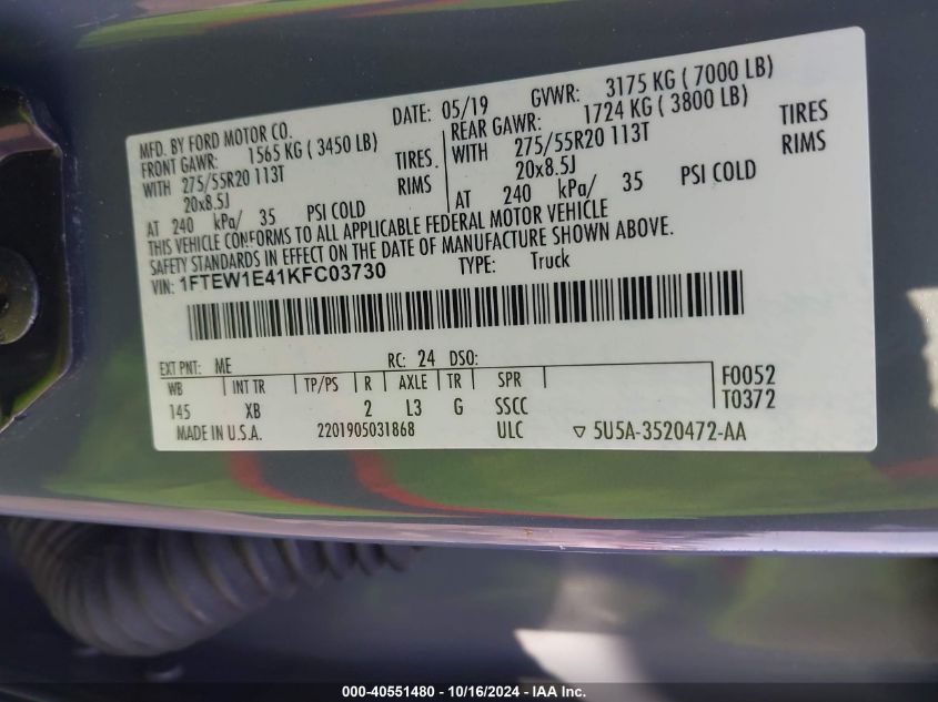 2019 Ford F-150 Xlt VIN: 1FTEW1E41KFC03730 Lot: 40551480