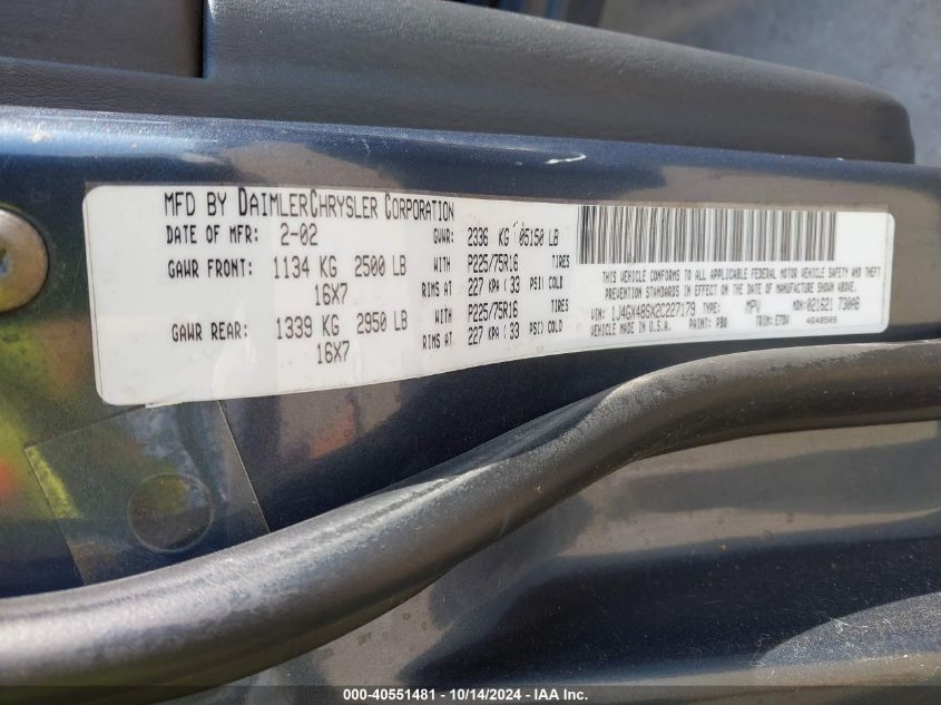 2002 Jeep Grand Cherokee Laredo VIN: 1J4GX48SX2C227179 Lot: 40551481