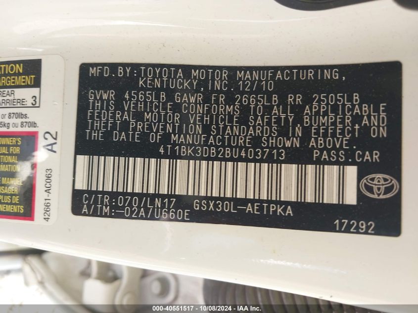 4T1BK3DB2BU403713 2011 Toyota Avalon Limited