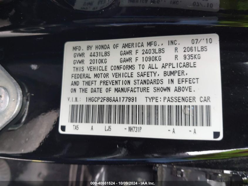 1HGCP2F86AA177991 2010 Honda Accord 2.4 Ex-L