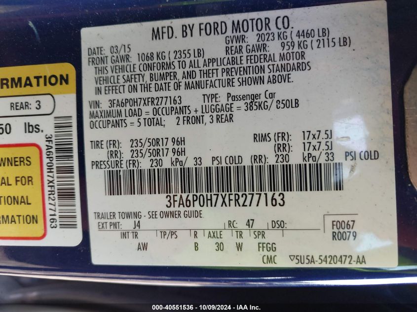 3FA6P0H7XFR277163 2015 Ford Fusion Se