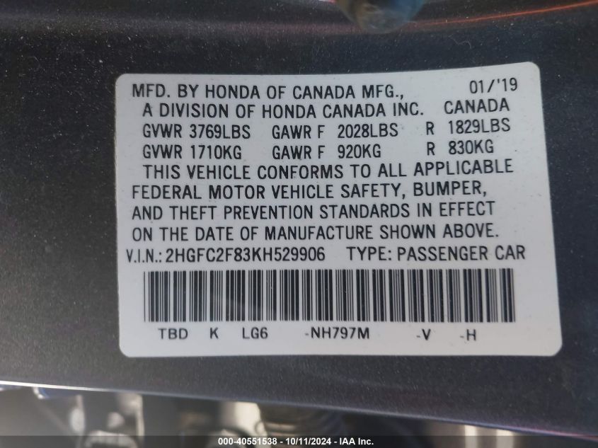 2HGFC2F83KH529906 2019 Honda Civic Sport