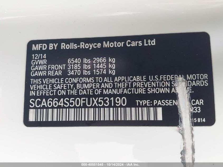 2015 Rolls-Royce Ghost VIN: SCA664S50FUX53190 Lot: 40551545