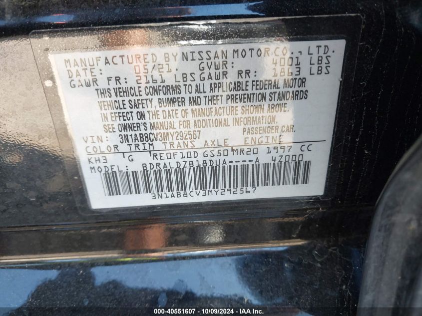 2021 Nissan Sentra Sv Xtronic Cvt VIN: 3N1AB8CV3MY292567 Lot: 40551607