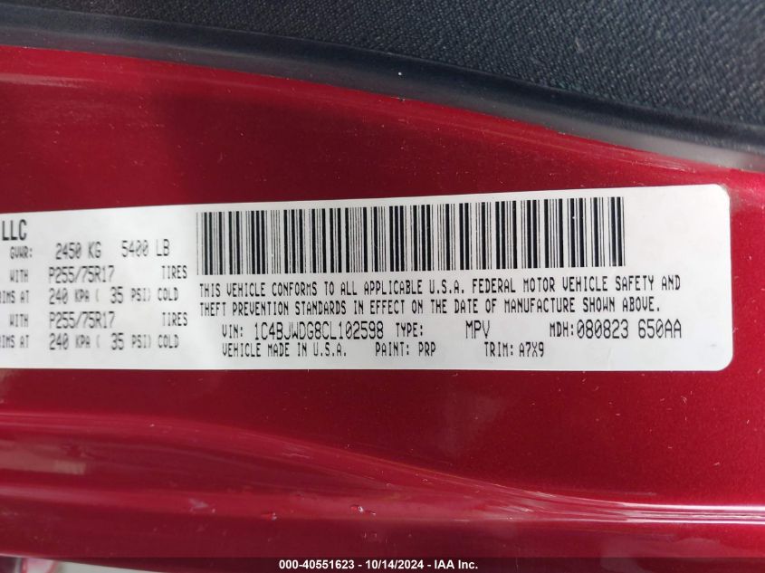 2012 Jeep Wrangler Unlimited Sport VIN: 1C4BJWDG8CL102598 Lot: 40551623