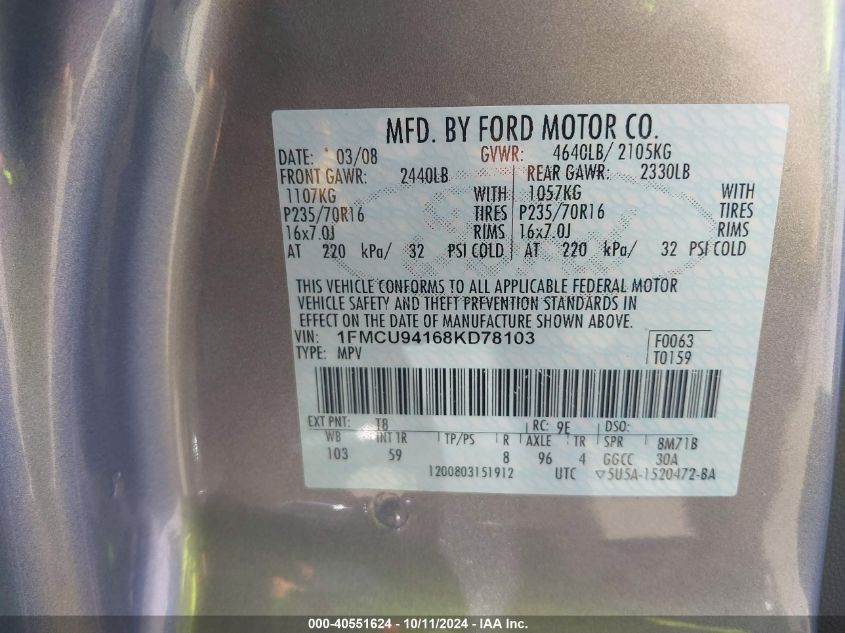 1FMCU94168KD78103 2008 Ford Escape Limited