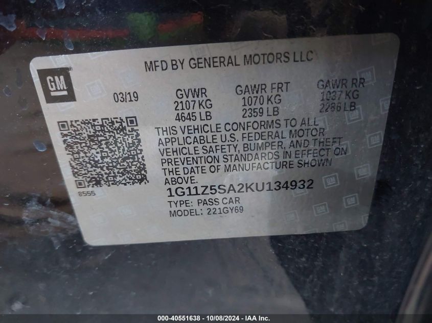 1G11Z5SA2KU134932 2019 Chevrolet Impala Lt