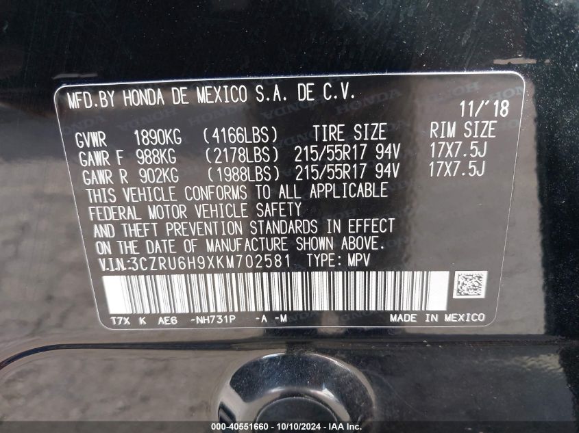 3CZRU6H9XKM702581 2019 Honda Hr-V Touring