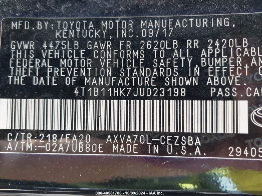 4T1B11HK7JU023198 2018 Toyota Camry L/Le/Xle/Se/Xse