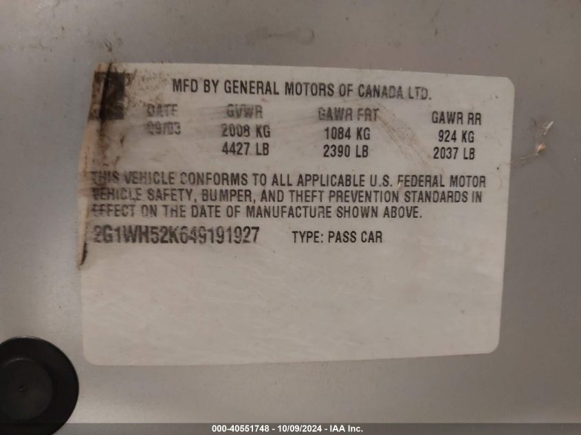 2G1WH52K649191927 2004 Chevrolet Impala Ls