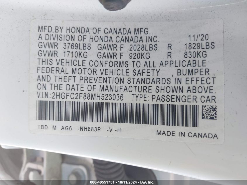 2HGFC2F88MH523036 2021 Honda Civic Sport