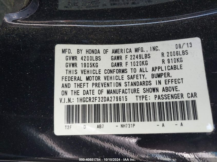 1HGCR2F32DA279615 2013 Honda Accord Lx