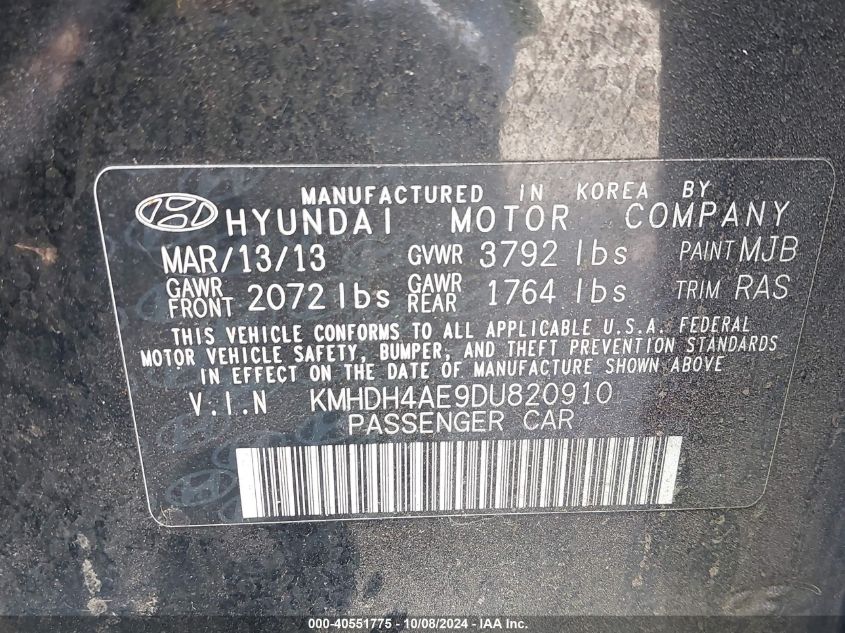 KMHDH4AE9DU820910 2013 Hyundai Elantra Gls