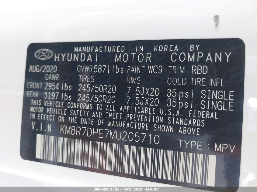 2021 Hyundai Palisade Calligraphy VIN: KM8R7DHE7MU205710 Lot: 40551785