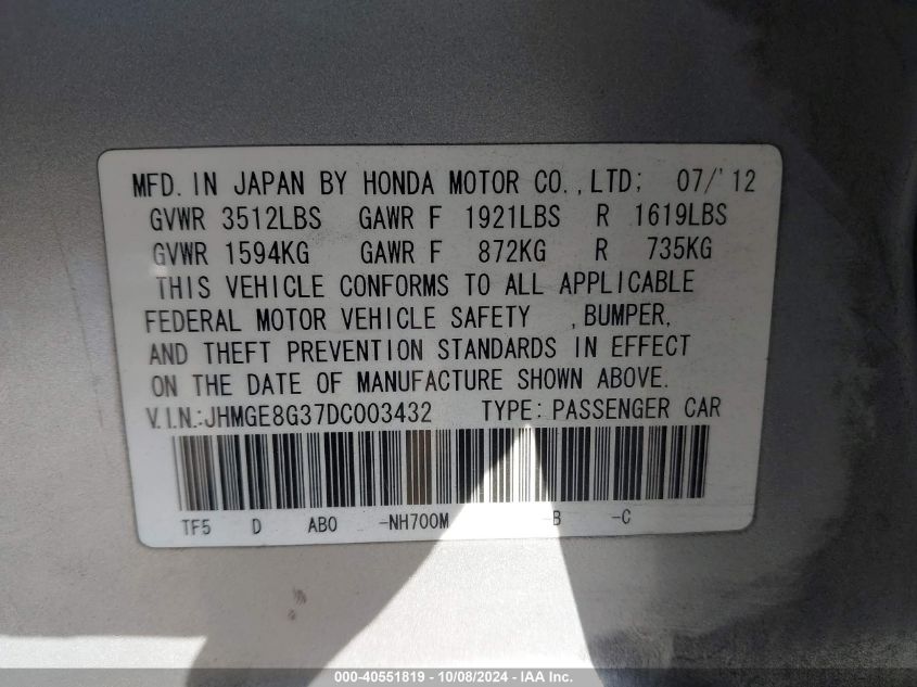 2013 Honda Fit VIN: JHMGE8G37DC003432 Lot: 40551819