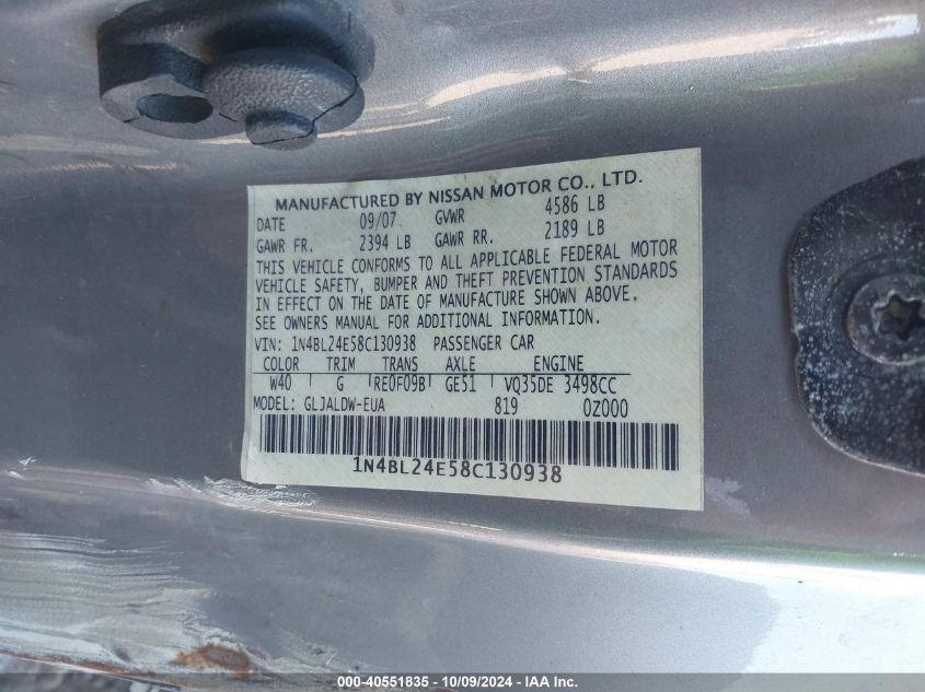 1N4BL24E58C130938 2008 Nissan Altima 3.5 Se