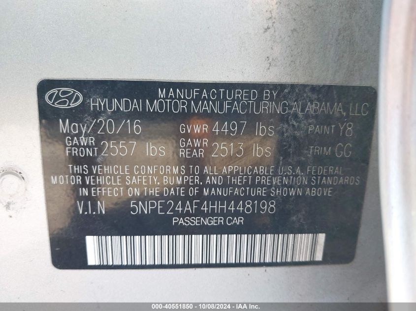 5NPE24AF4HH448198 2017 Hyundai Sonata Se