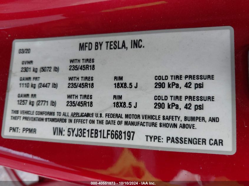 2020 Tesla Model 3 Long Range Dual Motor All-Wheel Drive VIN: 5YJ3E1EB1LF668197 Lot: 40551873