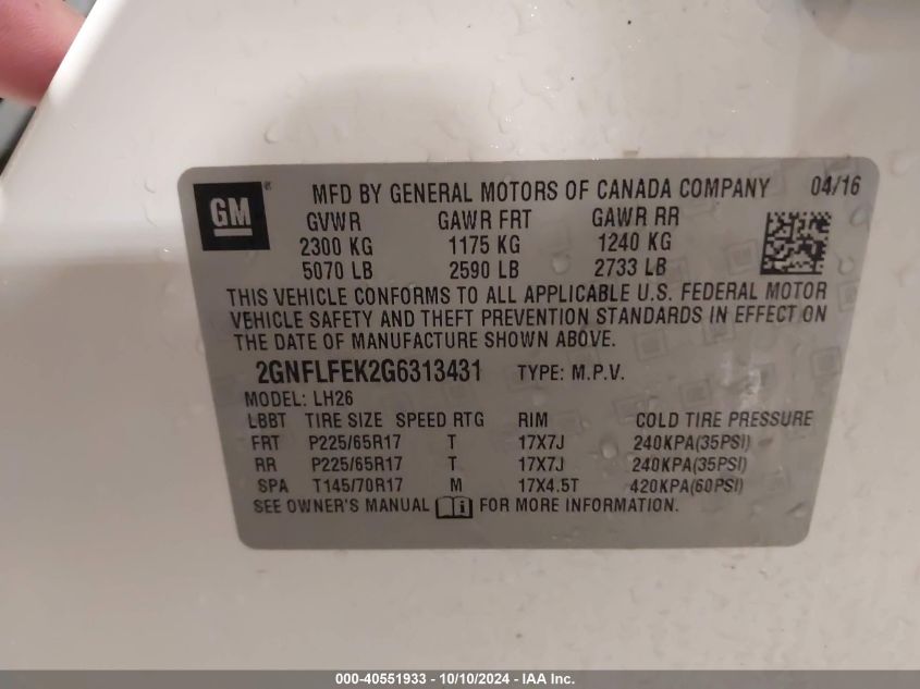 2GNFLFEK2G6313431 2016 Chevrolet Equinox Lt