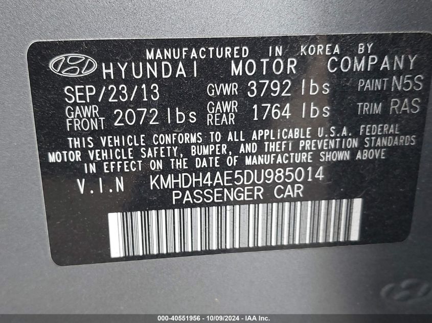 KMHDH4AE5DU985014 2013 Hyundai Elantra Gls