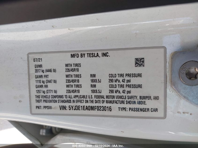 2021 Tesla Model 3 Standard Range Plus Rear-Wheel Drive VIN: 5YJ3E1EA0MF023016 Lot: 40551969