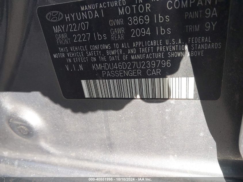 KMHDU46D27U239796 2007 Hyundai Elantra Gls/Limited/Se