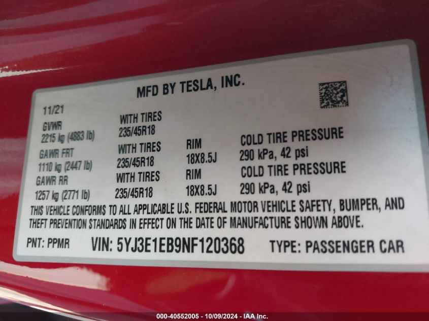 2022 Tesla Model 3 VIN: 5YJ3E1EB9NF120368 Lot: 40552005