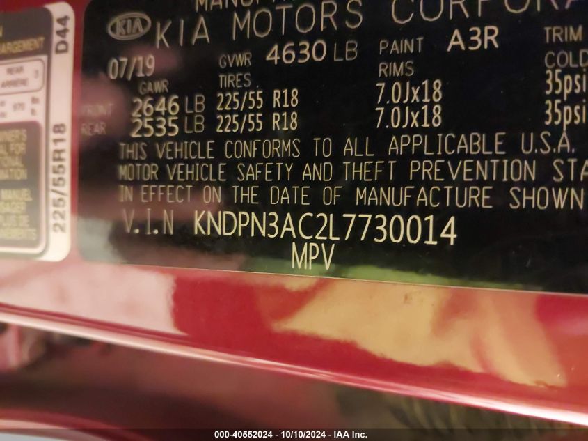 KNDPN3AC2L7730014 2020 Kia Sportage Ex