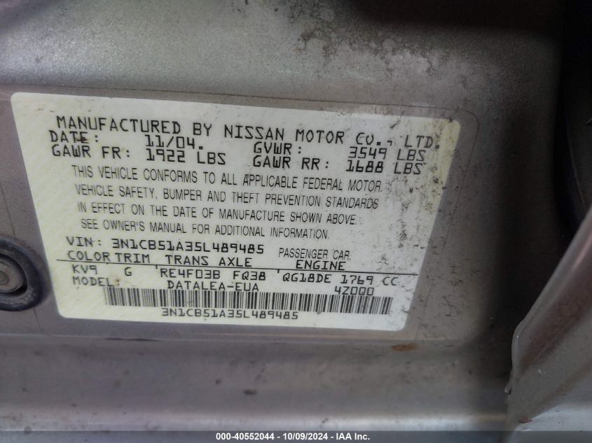 3N1CB51A35L489485 2005 Nissan Sentra 1.8S