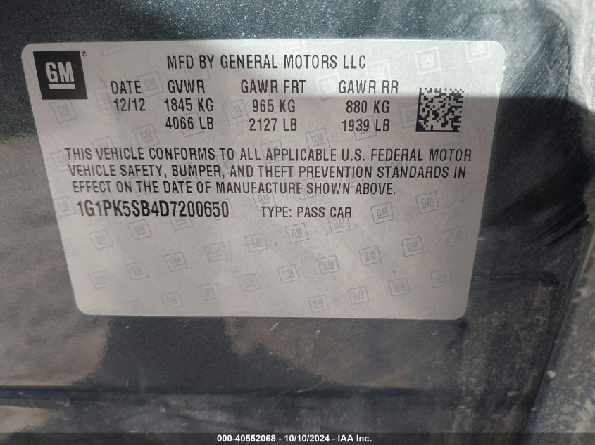 2013 Chevrolet Cruze Lt VIN: 1G1PK5SB4D7200650 Lot: 40552068