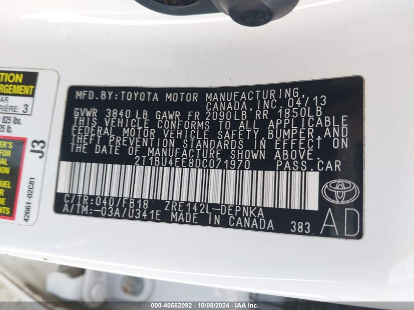 2013 TOYOTA COROLLA LE - 2T1BU4EE8DC071970