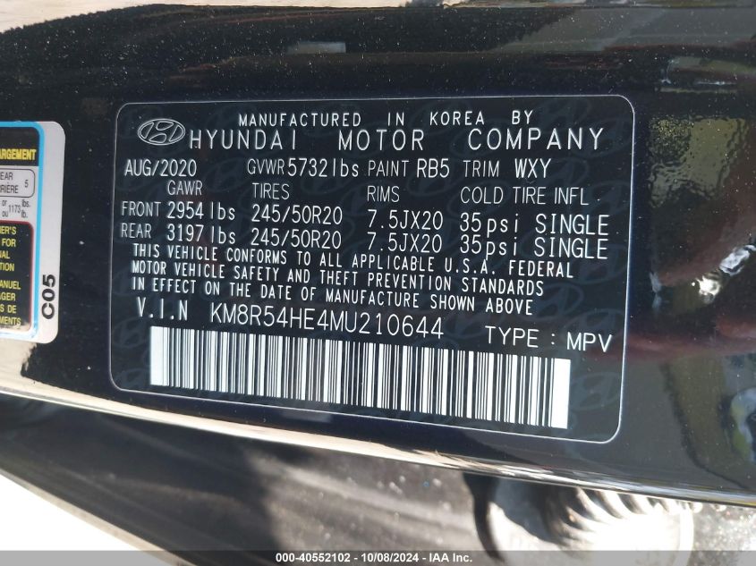 2021 Hyundai Palisade Limited VIN: KM8R54HE4MU210644 Lot: 40552102