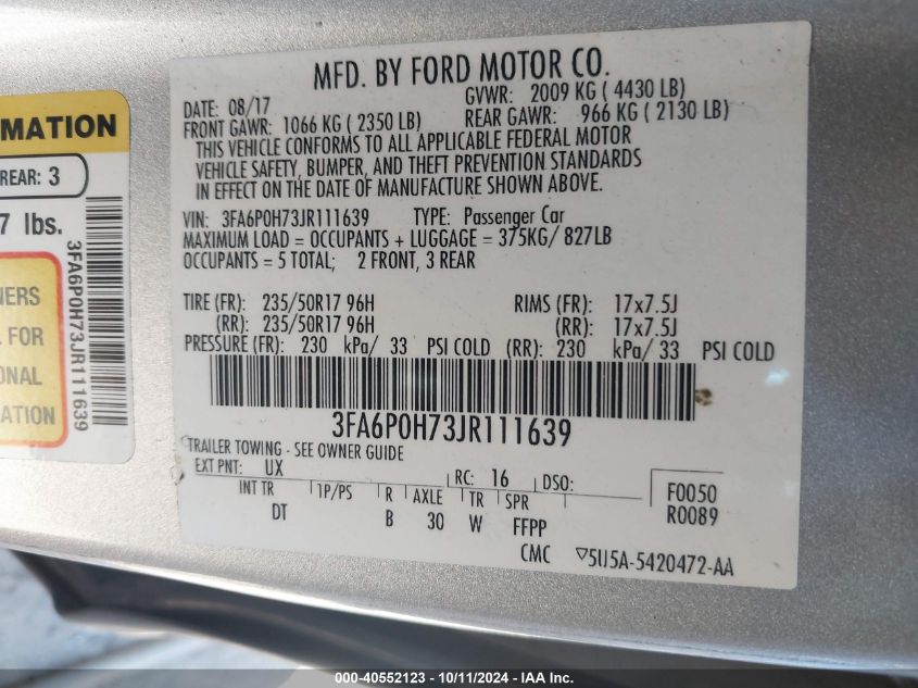 2018 FORD FUSION SE - 3FA6P0H73JR111639