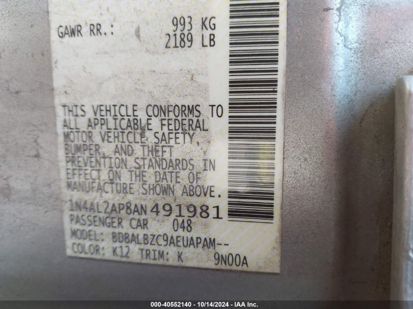 2010 Nissan Altima S VIN: 1N4AL2AP8AN491981 Lot: 40552140