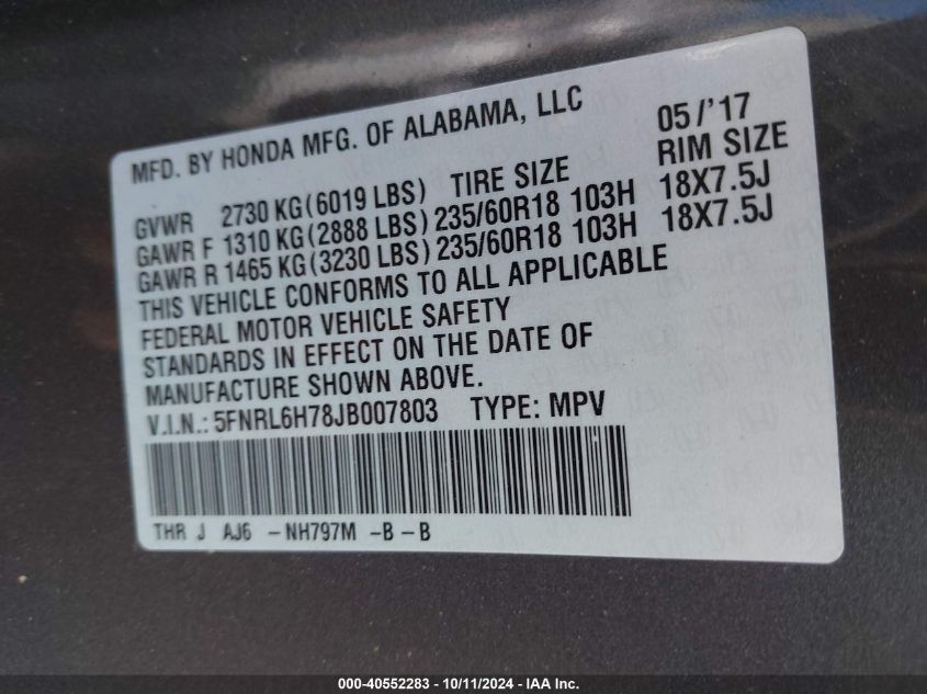 5FNRL6H78JB007803 2018 Honda Odyssey Ex-L