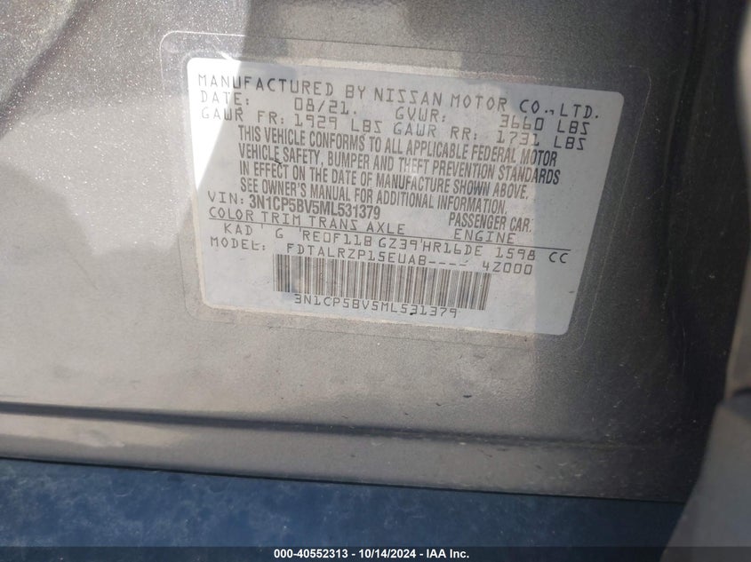 VIN 3N1CP5BV5ML531379 2021 NISSAN KICKS S XTRONIC CVT