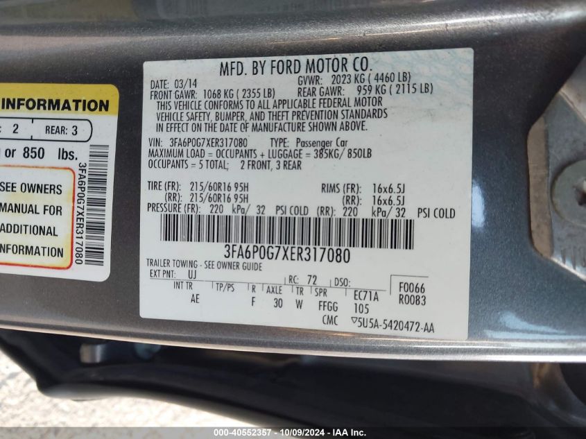 3FA6P0G7XER317080 2014 Ford Fusion S