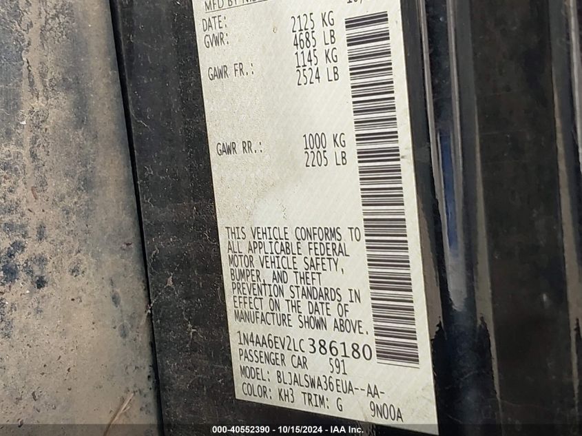 2020 Nissan Maxima Sr Xtronic Cvt VIN: 1N4AA6EV2LC386180 Lot: 40552390