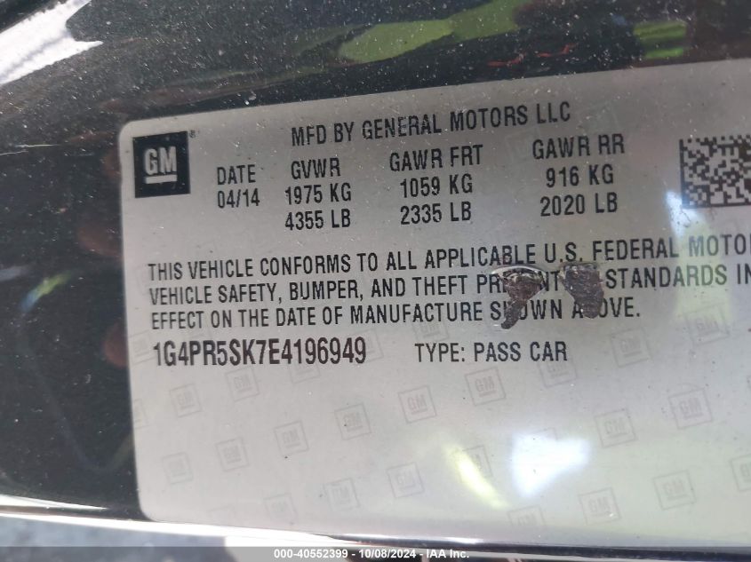 2014 Buick Verano Convenience Group VIN: 1G4PR5SK7E4196949 Lot: 40552399