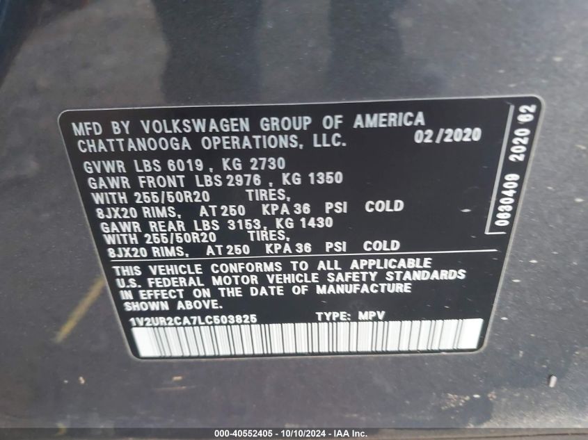 1V2UR2CA7LC503825 2020 Volkswagen Atlas 3.6L V6 Se W/Technology