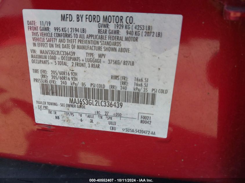 MAJ6S3GL2LC336439 2020 Ford Ecosport Se