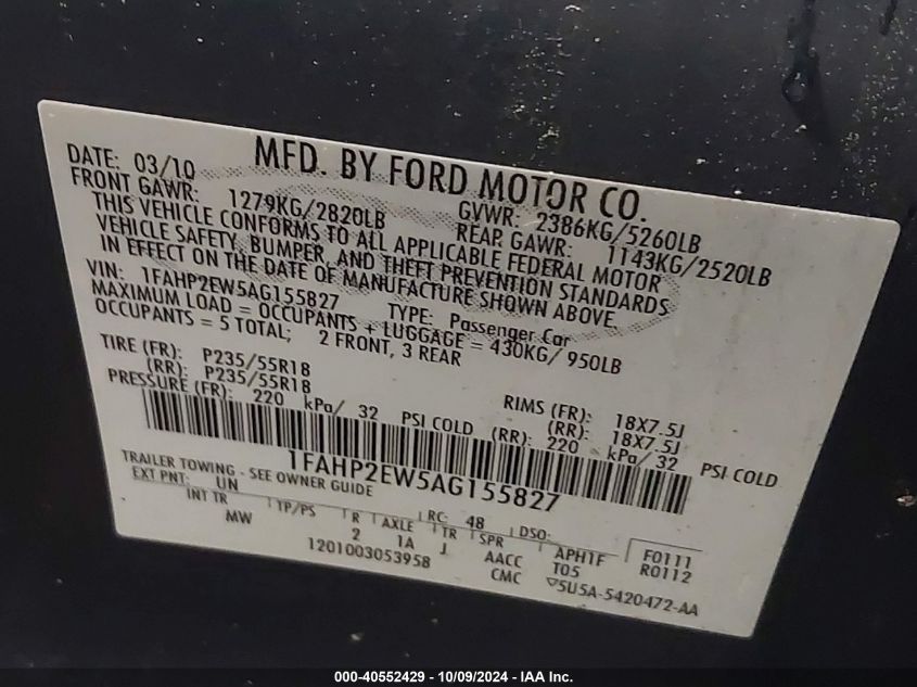 1FAHP2EW5AG155827 2010 Ford Taurus Sel