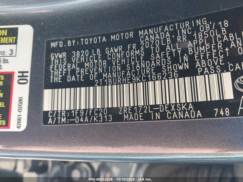 VIN 2T1BURHE9KC166236 2019 TOYOTA COROLLA SE