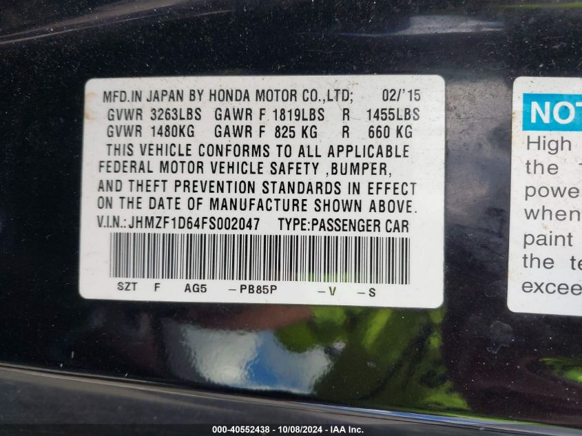 JHMZF1D64FS002047 2015 Honda Cr-Z Ex