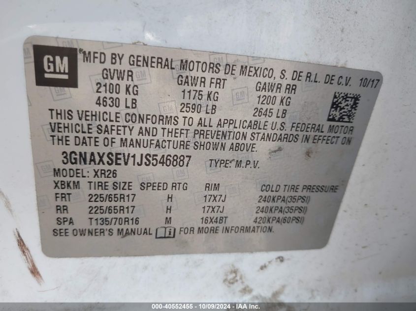 3GNAXSEV1JS546887 2018 Chevrolet Equinox Lt